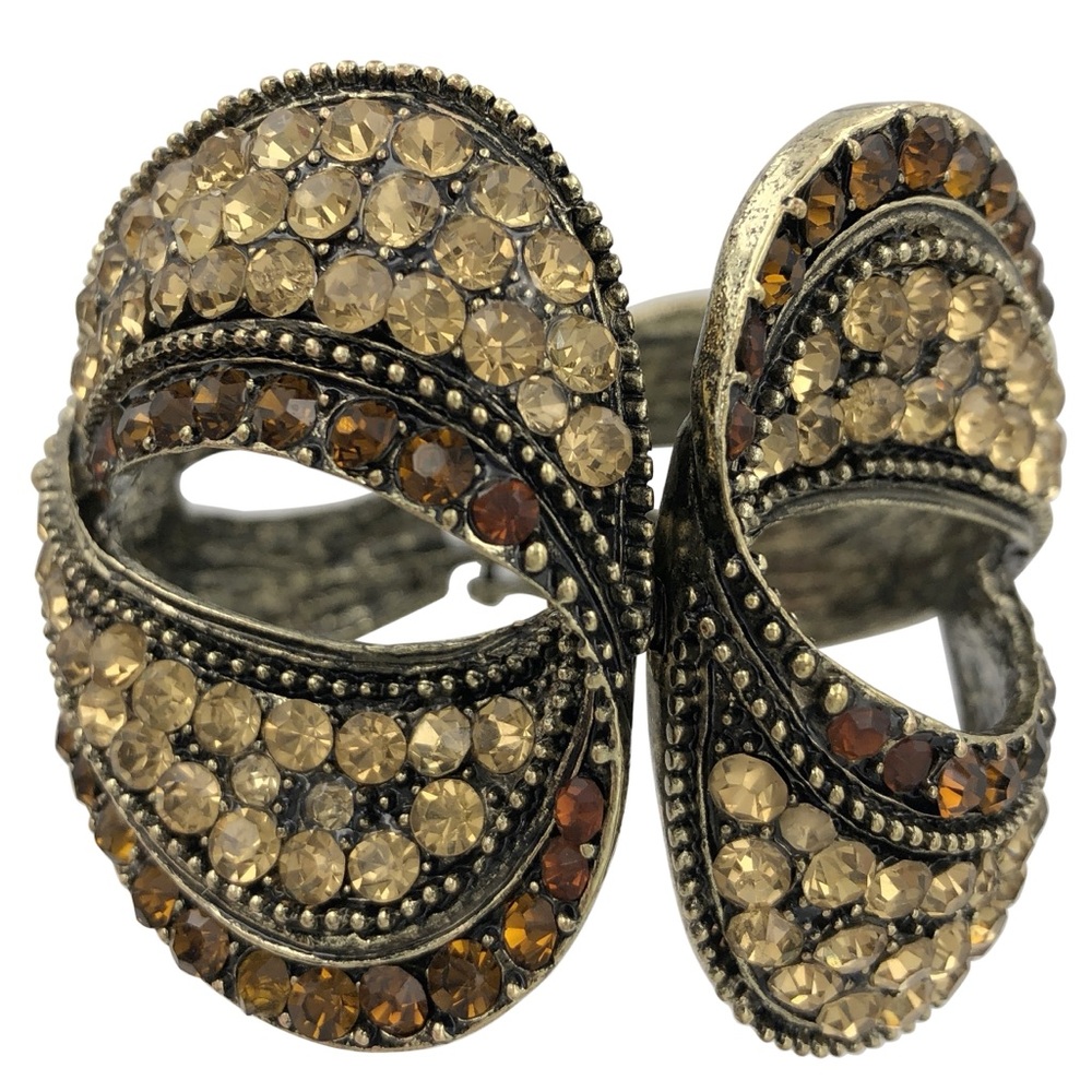 Brown Topaz Rhinestone Silver Chunky Statement Gold Hinged Bangle Bracelet